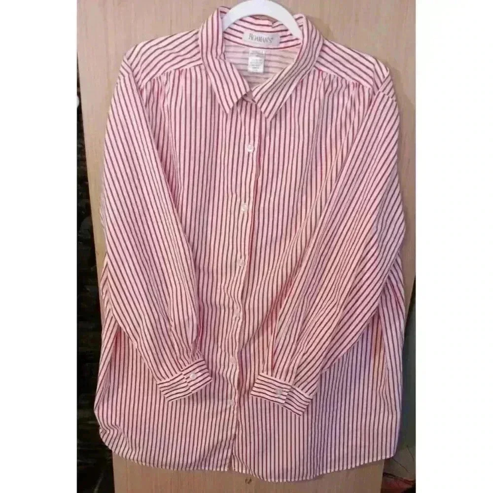 Roaman's Size 1X Long Button Sleeve Button Front Red White striped Smock Blouse‎